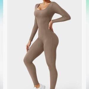 Brown Long Sleeve Cutout Jumpsuit